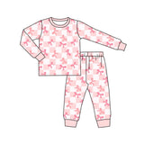 Pink plaid bow long sleeves kids girls pajamas