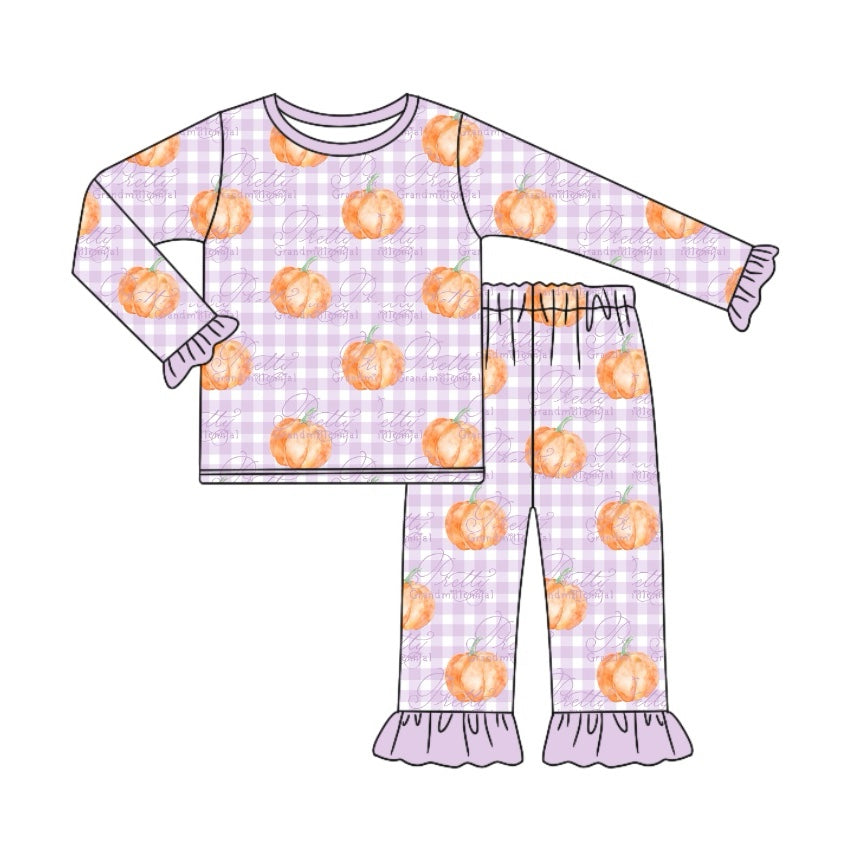 Ruffle long sleeves plaid pumpkin girls fall pajamas