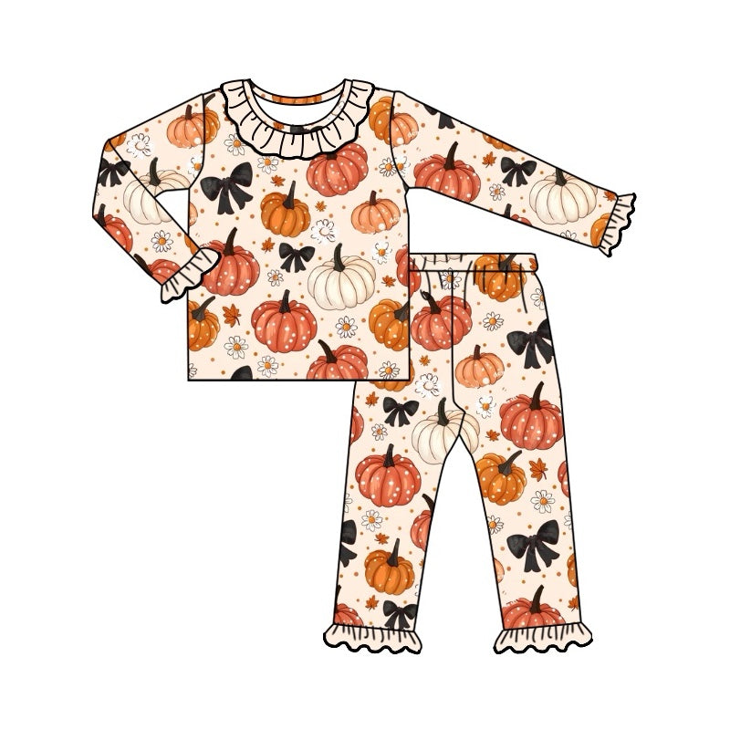 Long sleeves ruffle pumpkin bow kids girls fall pajamas