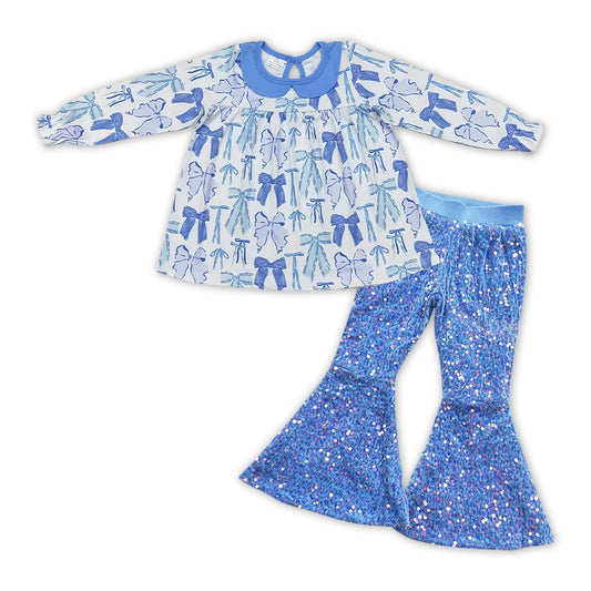 Bow tunic blue sequin pants girls clothing set