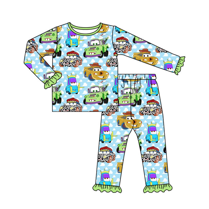 Green ruffle long sleeves car toy kids girls pajamas