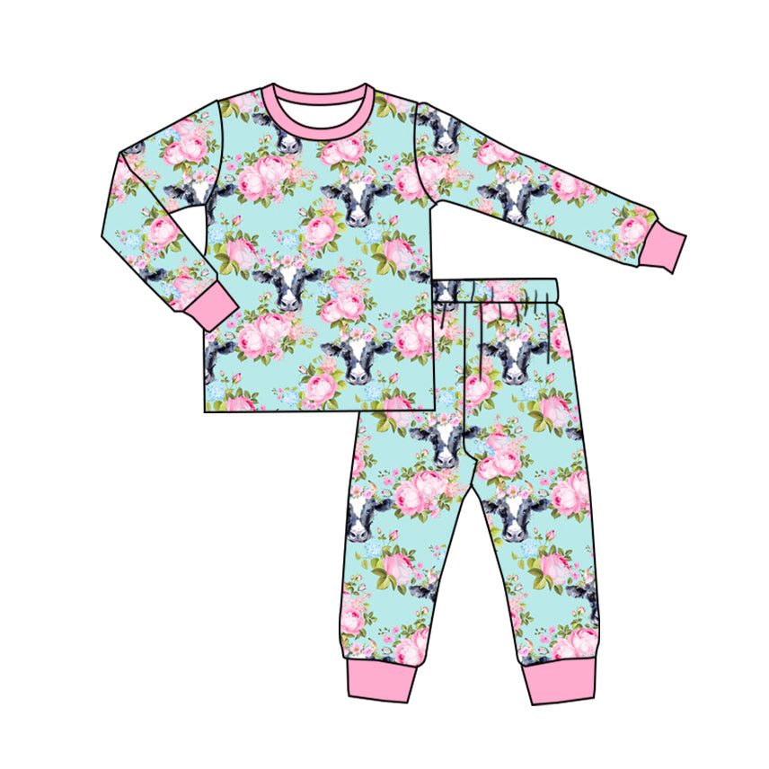 Pink long sleeves floral cows girls pajamas