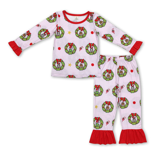 Pink green face ruffle girls bamboo Christmas pajamas