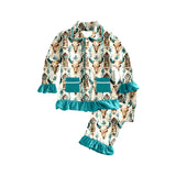 Ruffle long sleeves bull skull girls button down pajamas