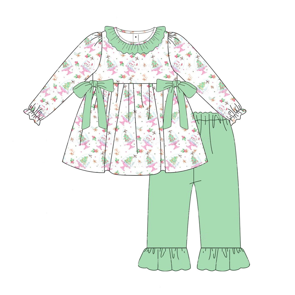 Christmas tree bow tunic ruffle pants girls clothing set
