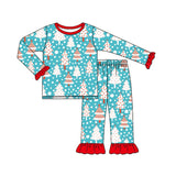 Light blue Christmas tree snow kids girls pajamas