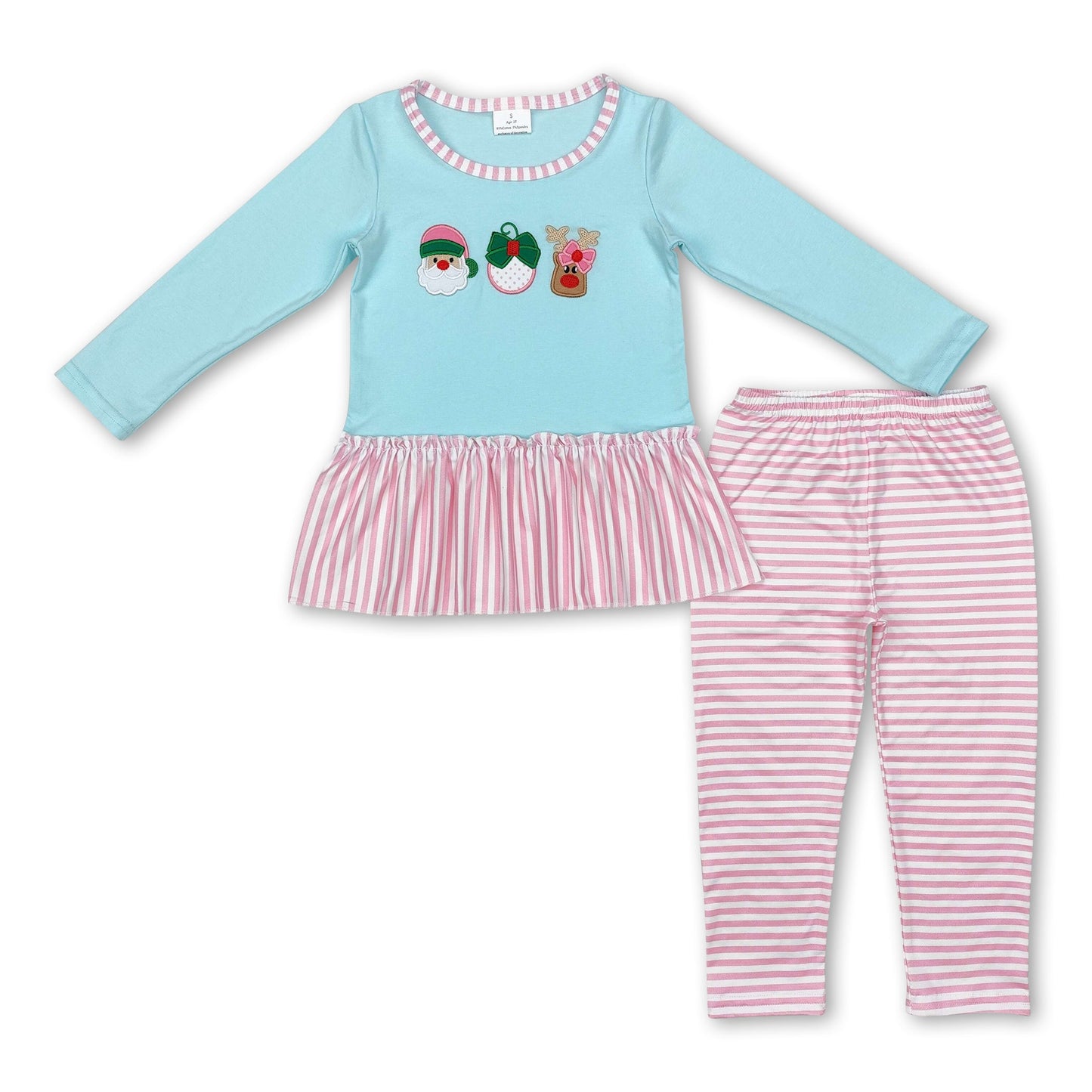 Pink santa deer peplum stripe leggings girls Christmas set