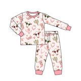 Long sleeves cow cactus boots bow western girls pajamas