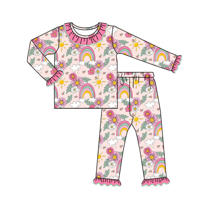 Pink ruffle rainbow floral kids girls pajamas