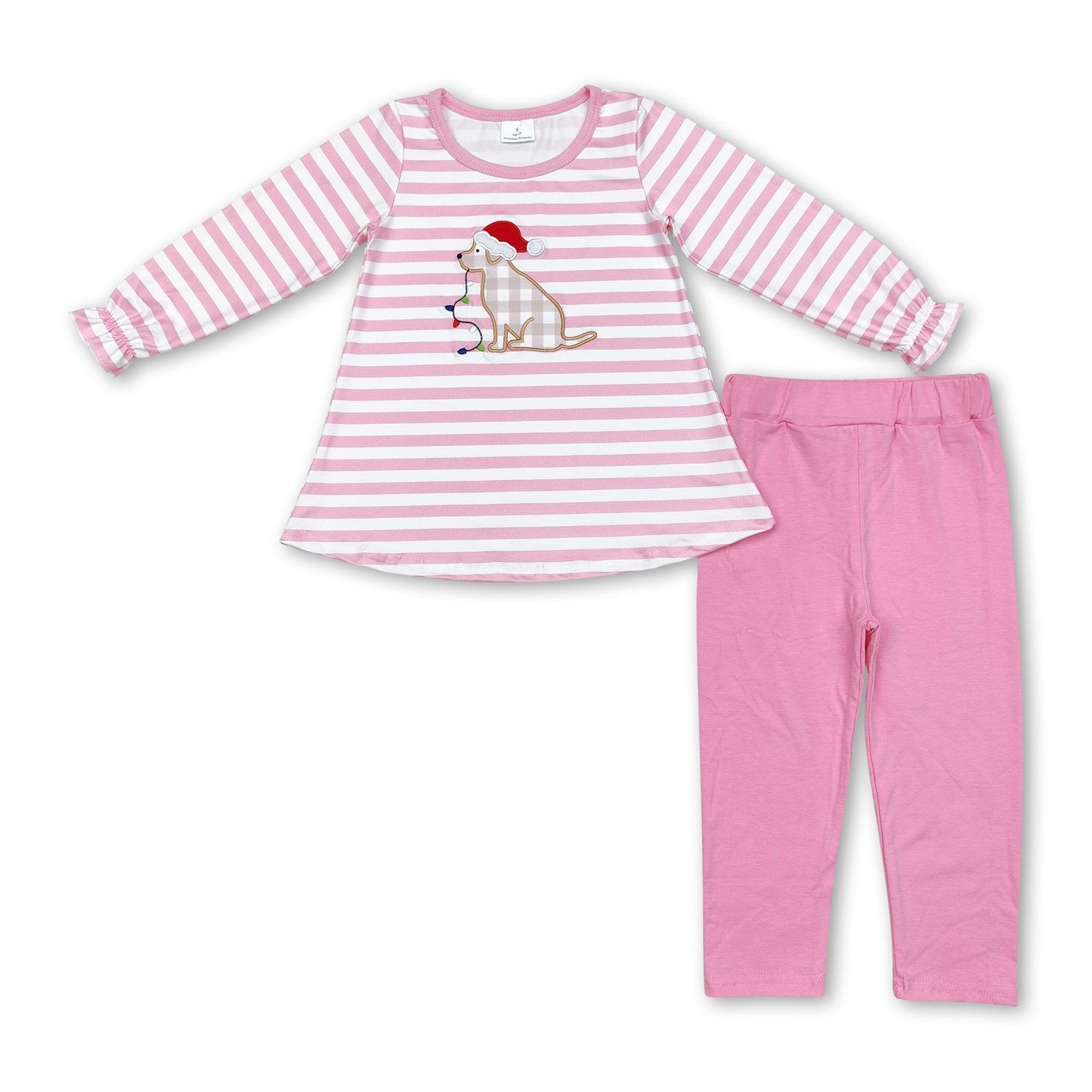 Pink stripe Christmas hat dog embroidery girls clothing set