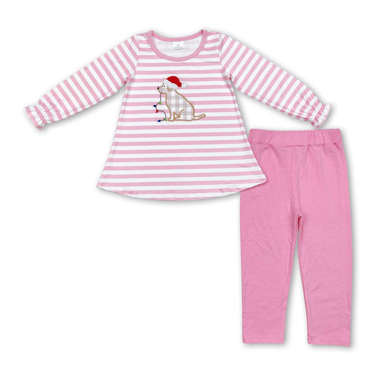 Pink stripe Christmas hat dog embroidery girls clothing set