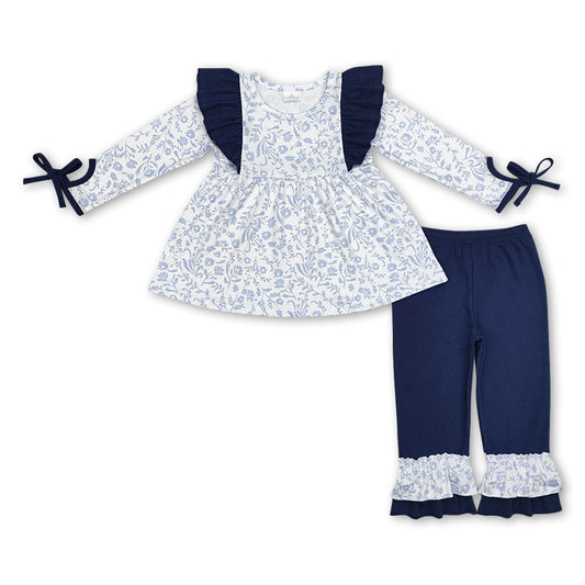 Blue floral tunic navy ruffle pants girls clothing set