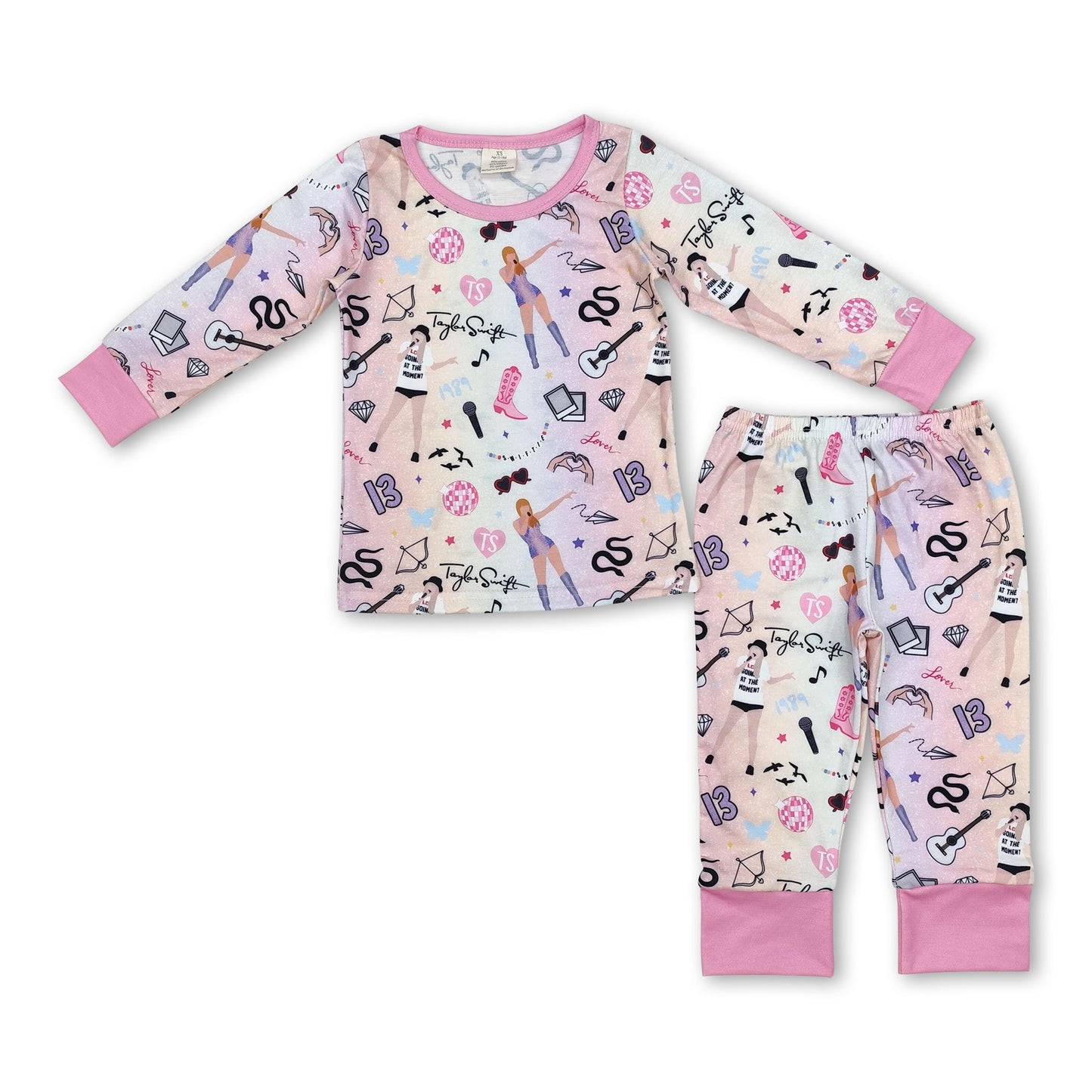 Pink long sleeves guitar singer girls pajamas