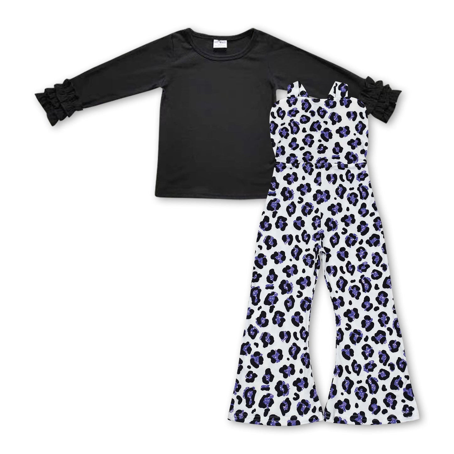 Black cotton top purple leopard overalls girls clothes