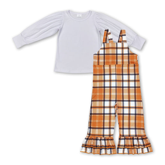 White cotton top plaid overalls girls fall clothes