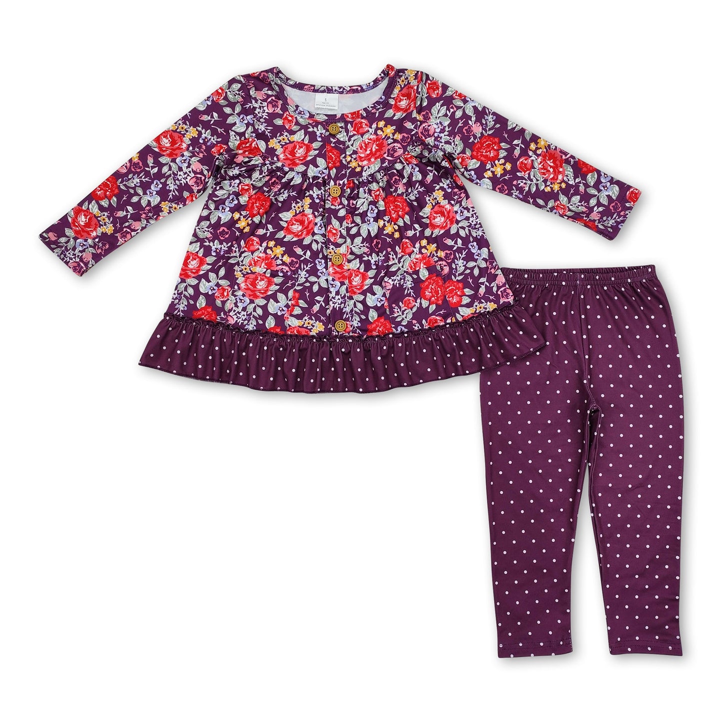 Floral button ruffle tunic polka dots leggings girls clothes