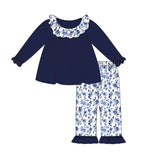 Navy floral ruffle tunic pants girls clothing set