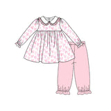 Pink bow long sleeves tunic pants girls valentine's outfits