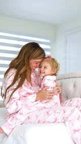 Pink bow long sleeves adult women button down pajamas