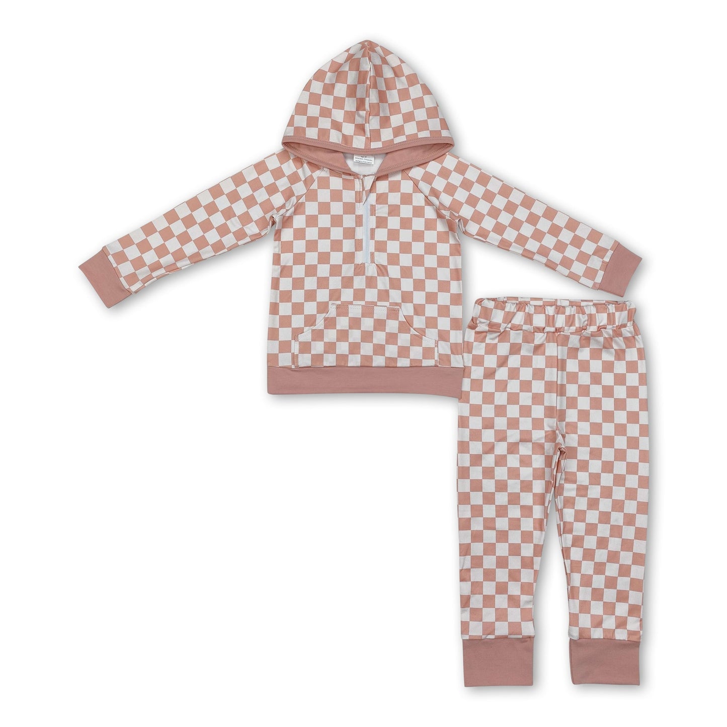 Long sleeves plaid zip hoodie pants girls clothing set