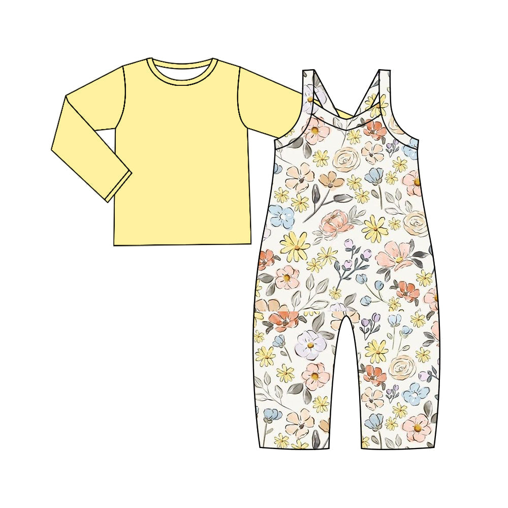 Yellow long sleeves top floral jumpsuit baby girls clothes