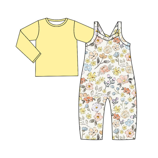 Yellow long sleeves top floral jumpsuit baby girls clothes