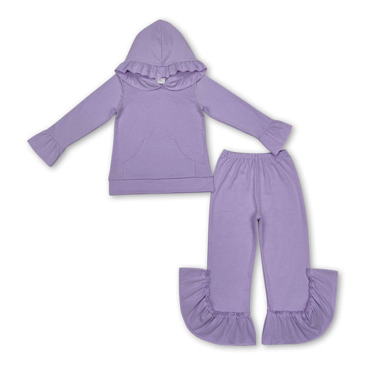 Lavender color cotton ruffle hoodie pants girls clothing set