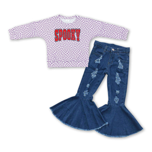 Lavender spooky top flare jeans girls Halloween outfits