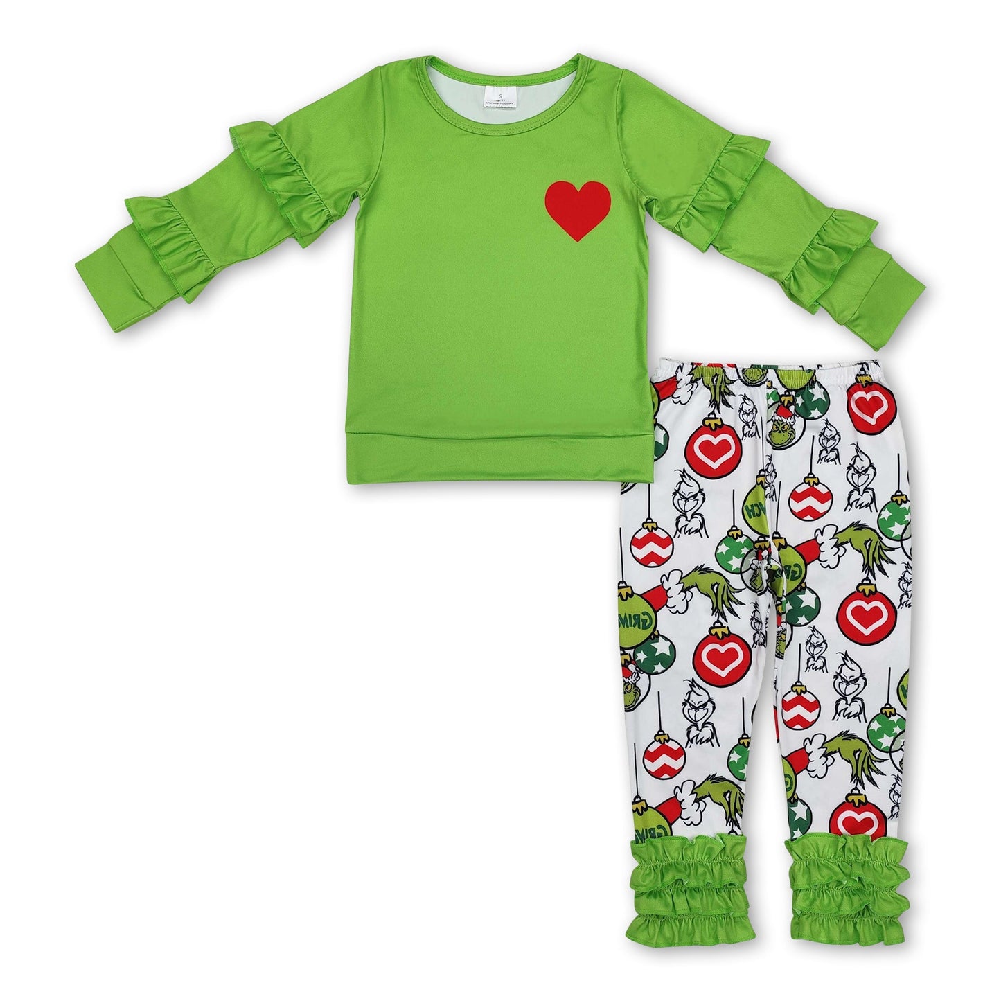 Green heart ruffle top green face pants girls Christmas set