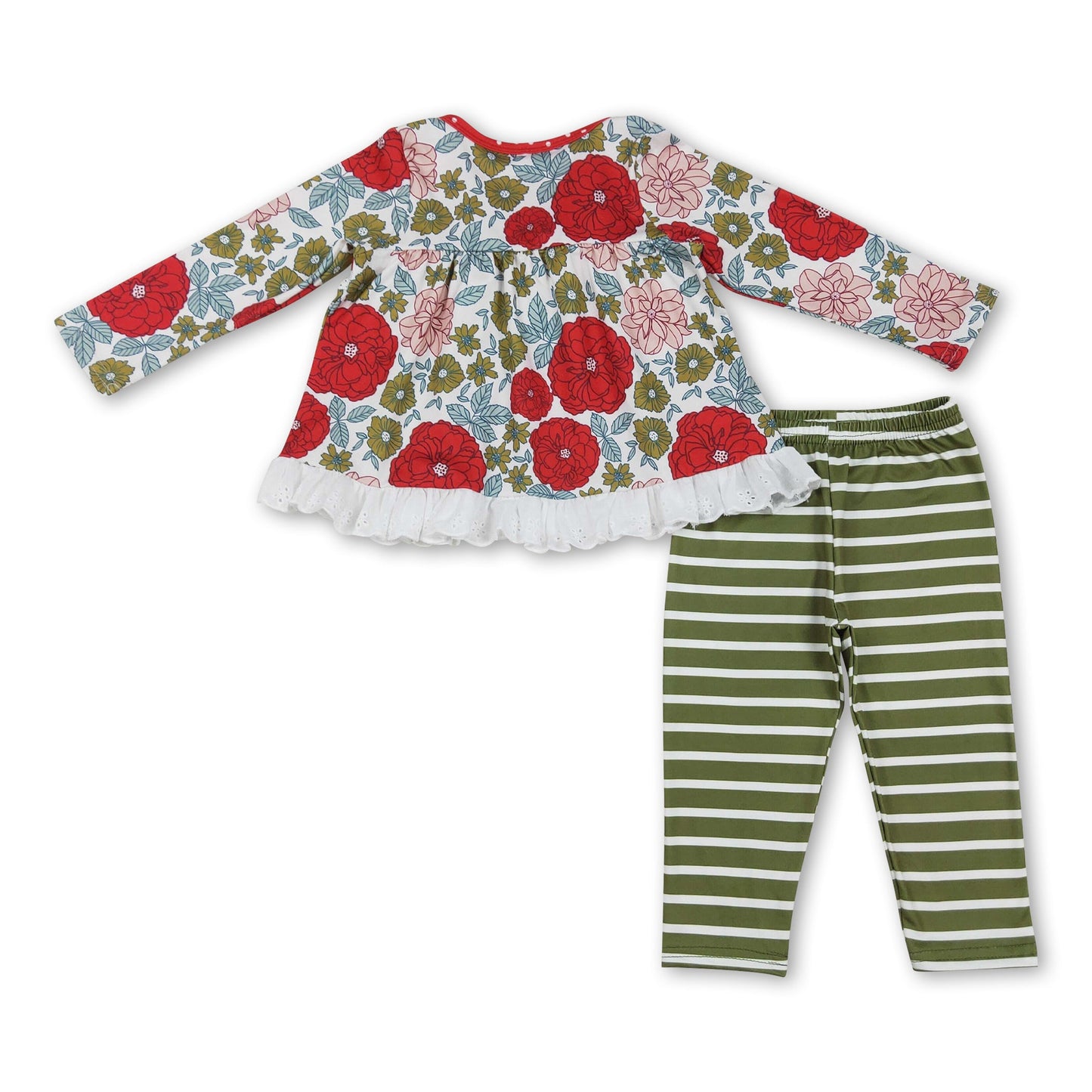 Red floral tunic green stripe leggings girls Christmas clothes