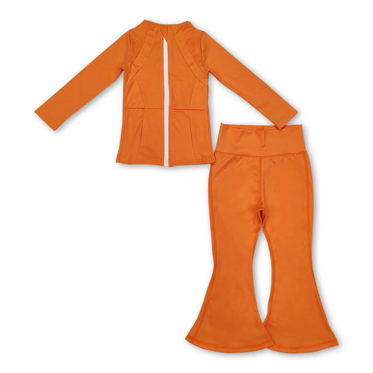 Orange pockets zip top bell bottom pants girls yoga clothes