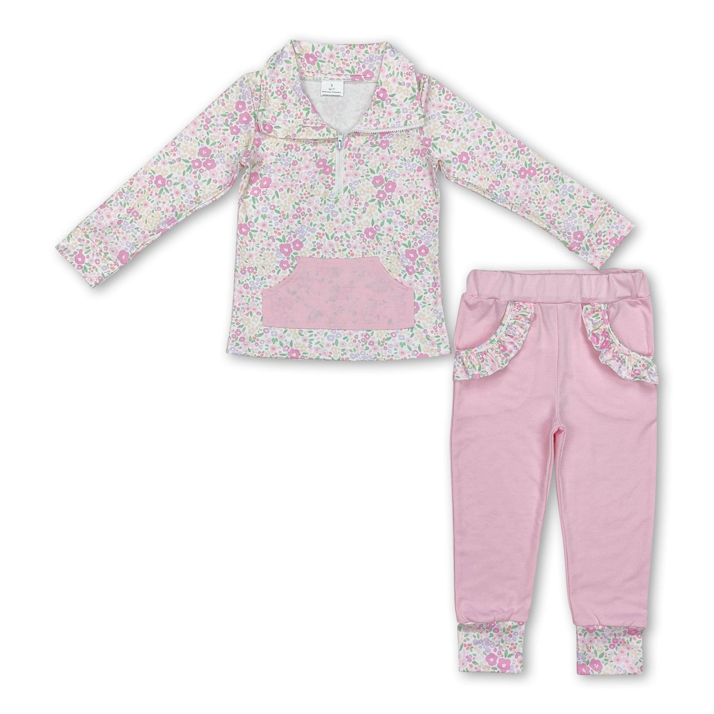 Pink floral pocket zip pullover pants girls clothing set