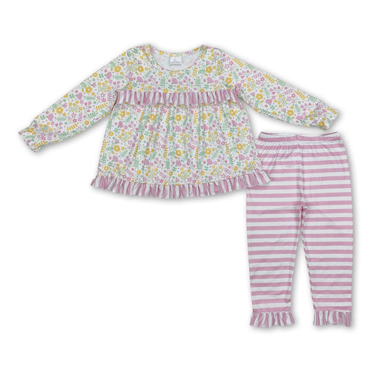 Pink floral ruffle tunic stripe pants girls clothing set