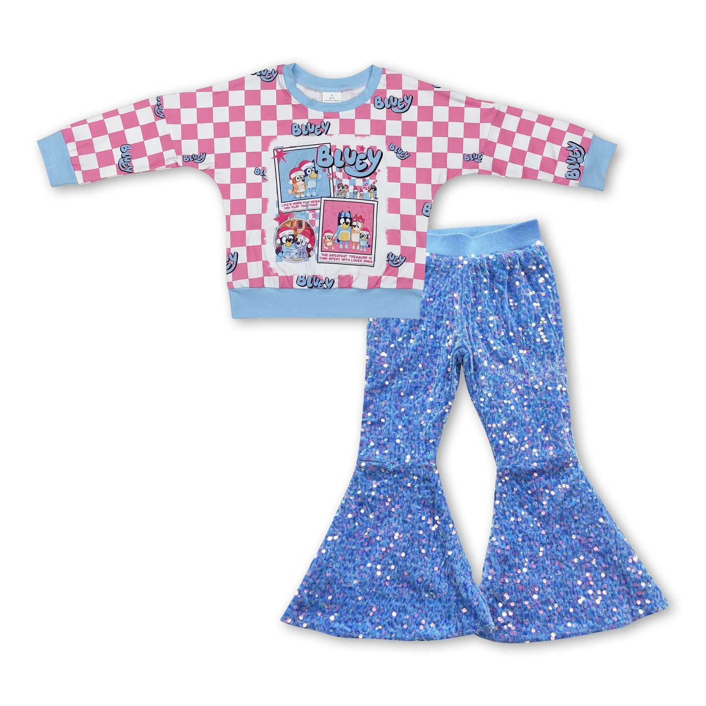 Pink plaid dog top blue sequin pants girls Christmas outfits