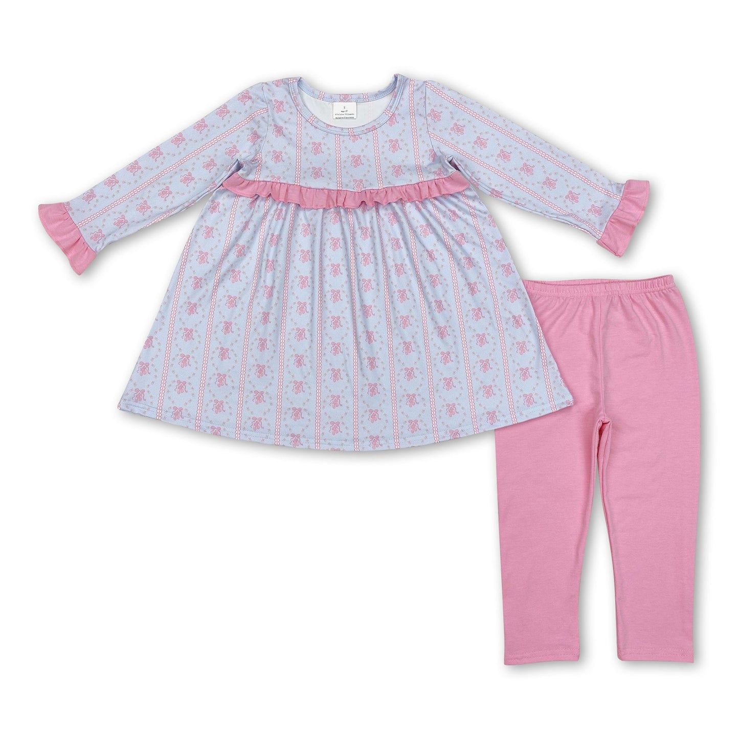 Pink bow long sleeves tunic leggings girls clothing set