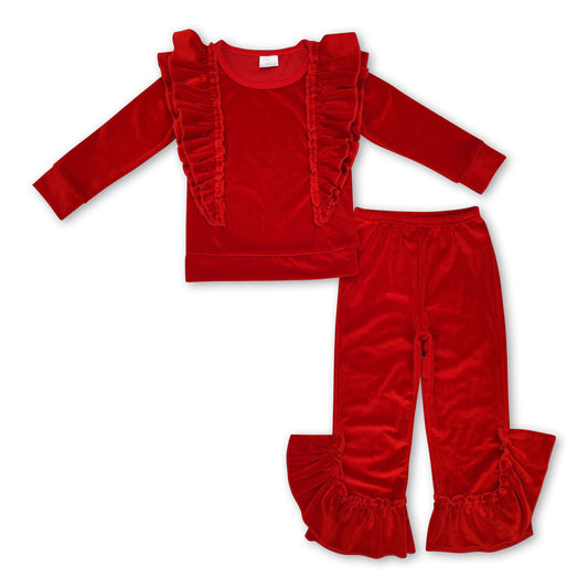 Red velvet ruffle top pants kids girls outfits