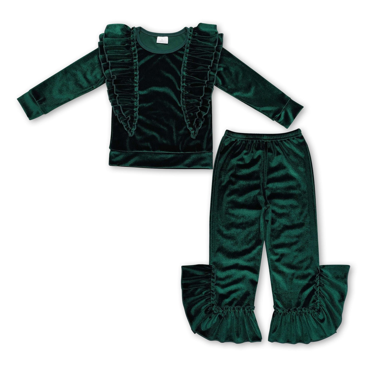 Green velvet ruffle top pants kids girls outfits