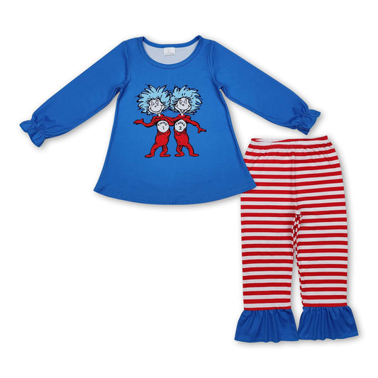 Blue cat hat top red stripe ruffle pants girls clothing set