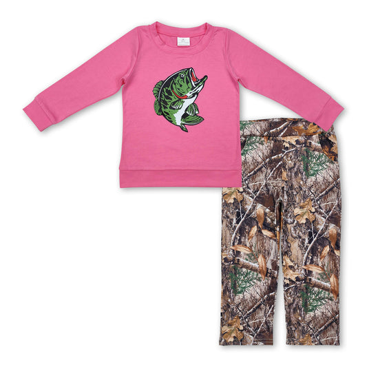 Hot pink fishing long sleeves top camo pants girls clothes