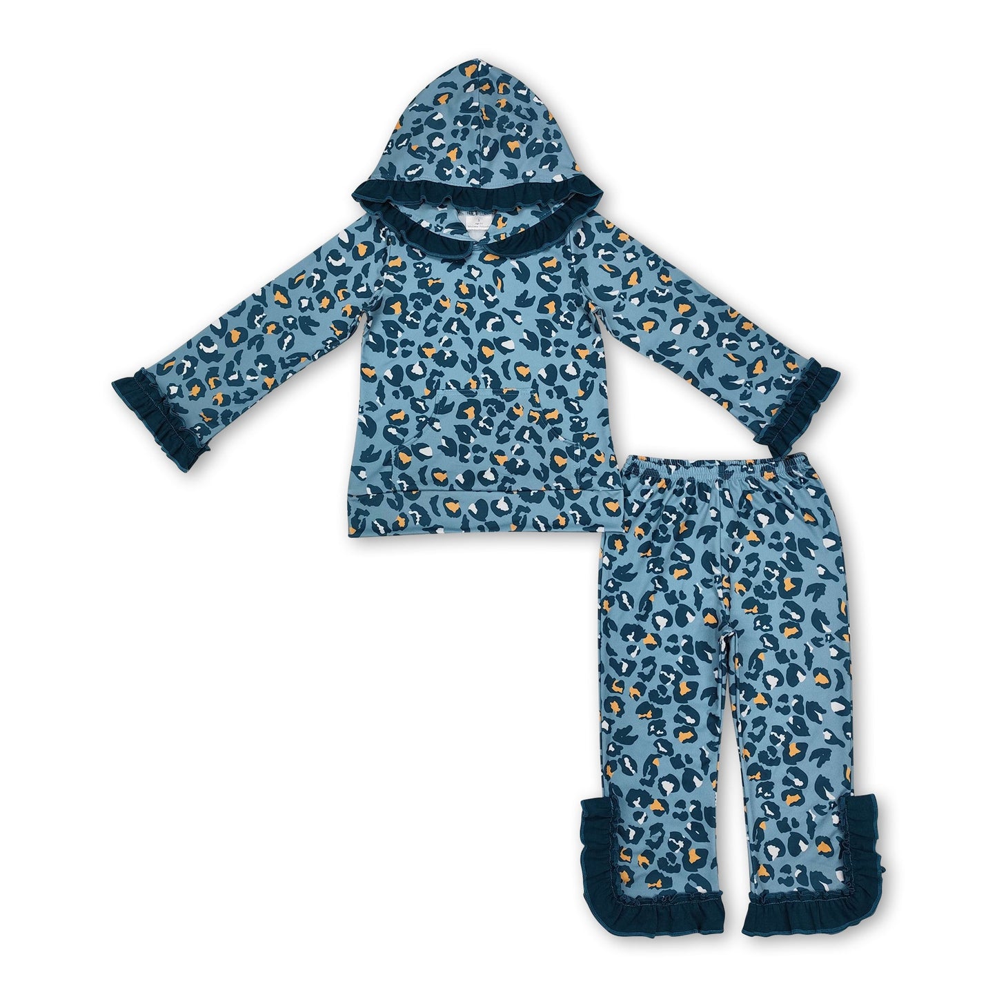 Ruffle long sleeves leopard kids girls pocket hoodie set