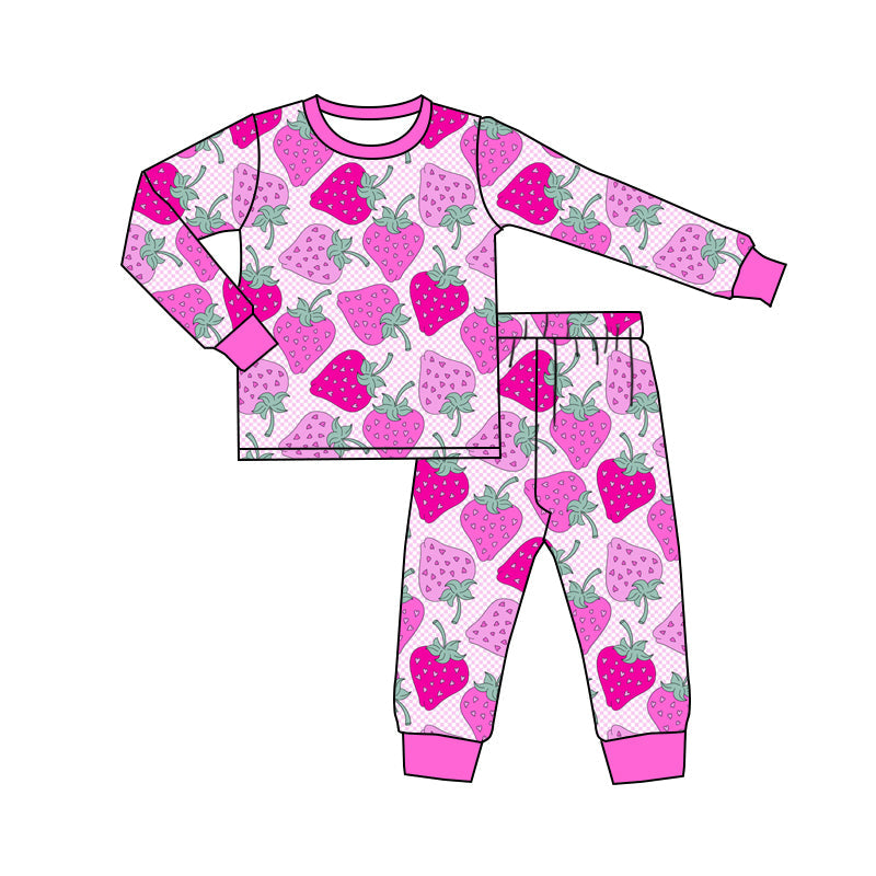 Long sleeves pink strawberry kids girls pajamas