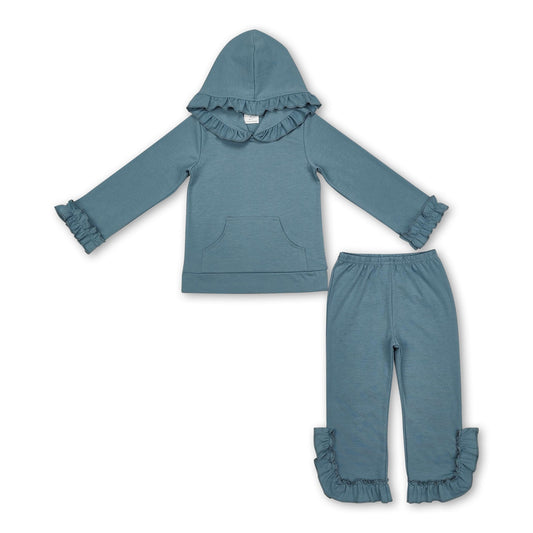 Grey cotton ruffle long sleeves pocket hoodie set