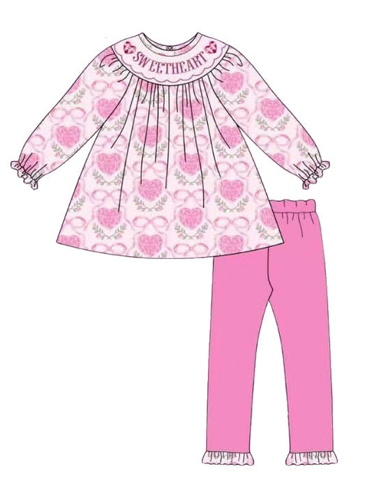 Sweet heart pink bow tunic ruffle pants girls Valentine's clothes