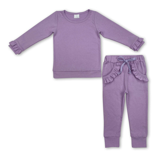 Long sleeves lavender ruffle top pants kids girls clothes