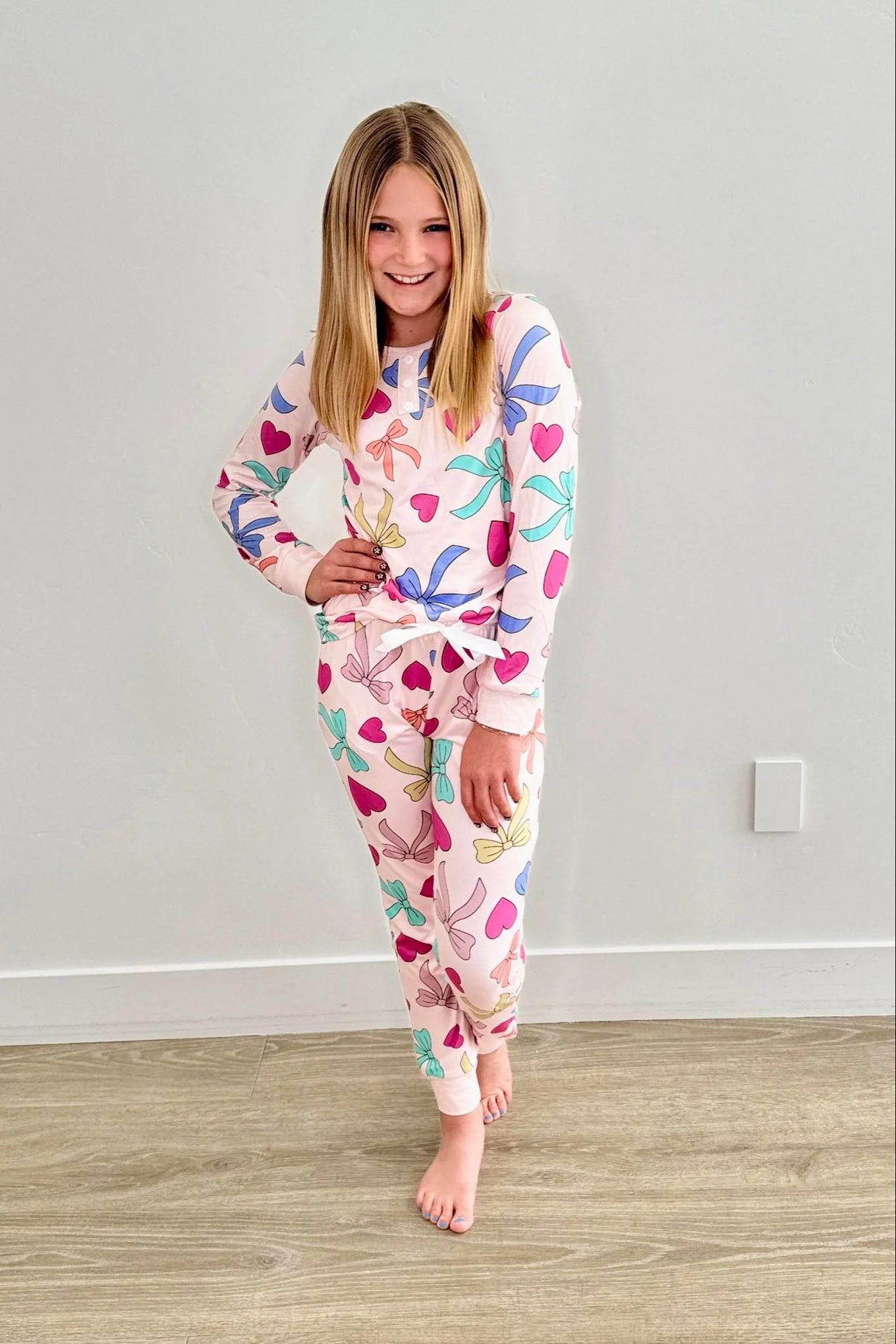 Pink long sleeves bow heart baby girls Valentine's pajamas