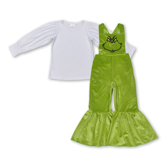 White cotton top green face jumpsuit girls Christmas outfits