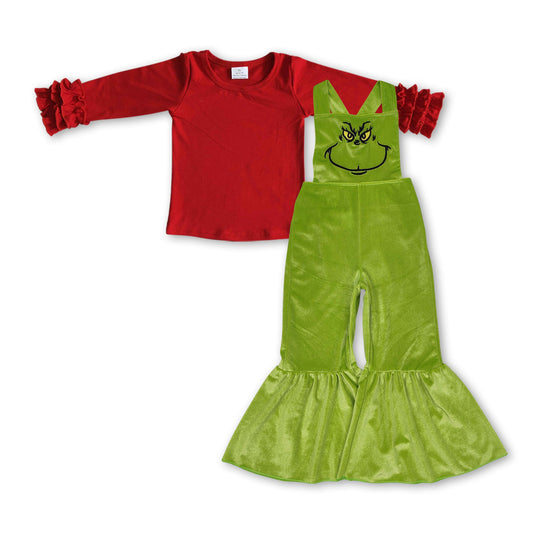 Red ruffle top green face jumpsuit girls Christmas outfits