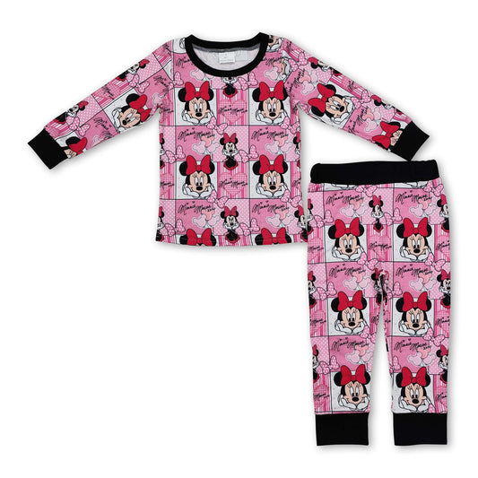 Long sleeves pink heart mouse girls Valentine's pajamas