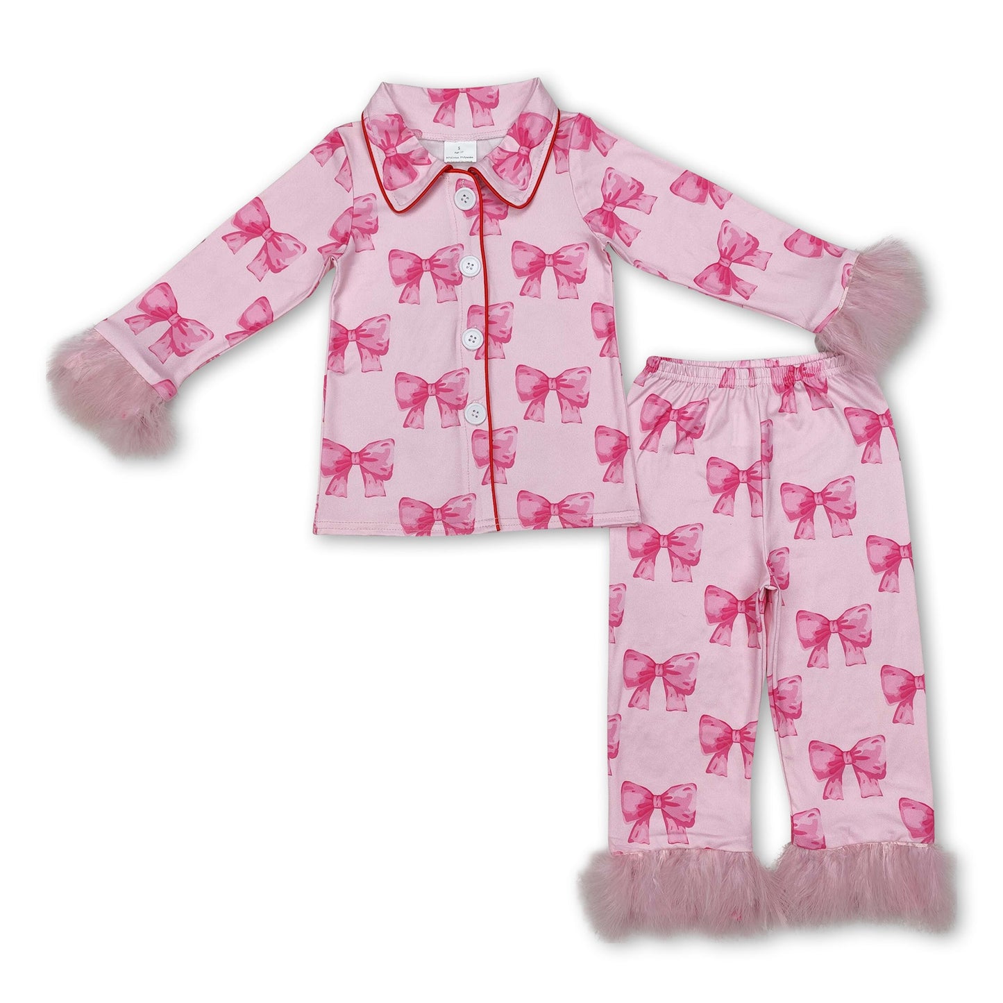 Pink bow fur long sleeves kids girls button down pajamas