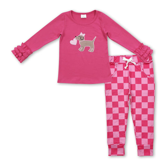 Dog heart embroidery plaid pants girls Valentine's outfits